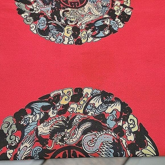 Vtg red silk fortune vector print fringed long scarf - Picture 8 of 9